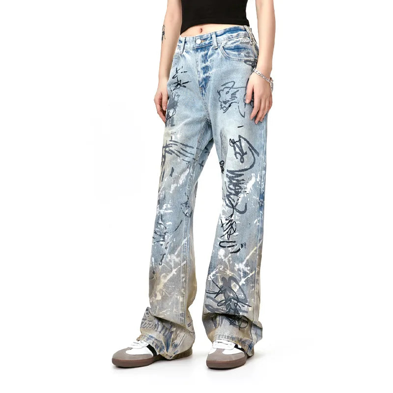 men baggy jeans graffiti printed loose straight denim pants luxury designer jeans male streetwear hip hop jeans trousers y2k vintage washed jeans