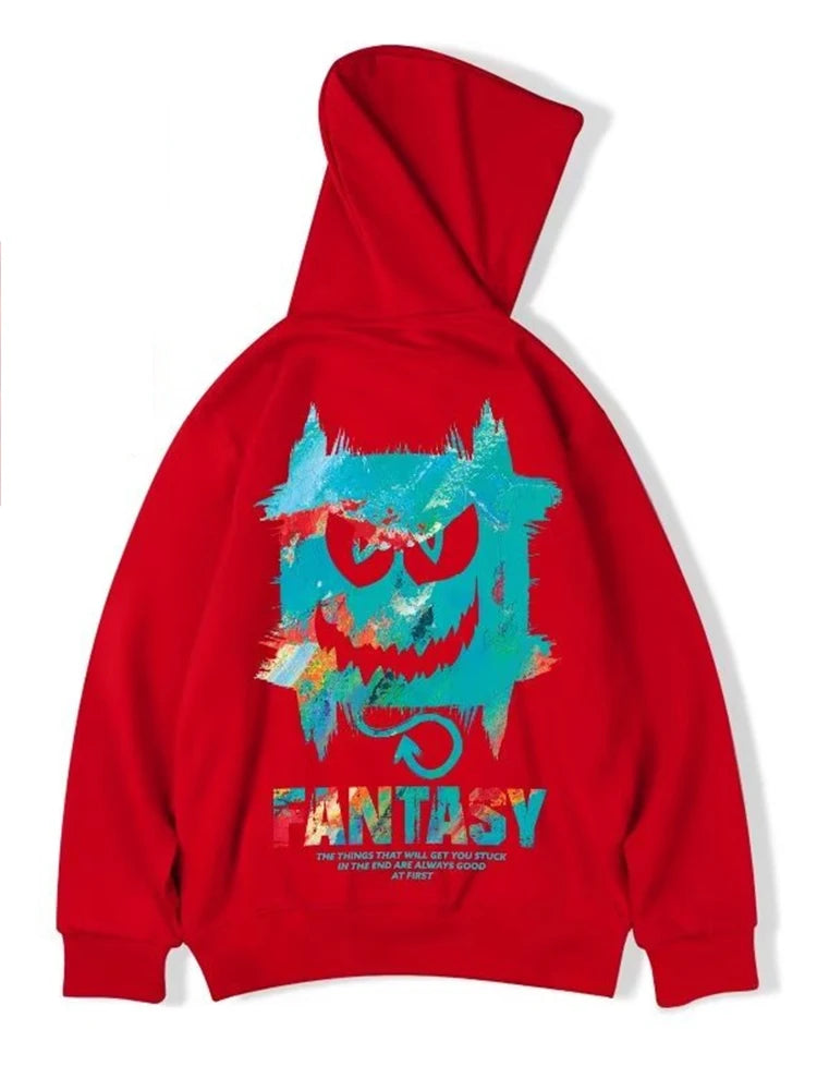 Harajuku Devil Graffiti Print Oversized Hoodies For Men Autumn Hooded