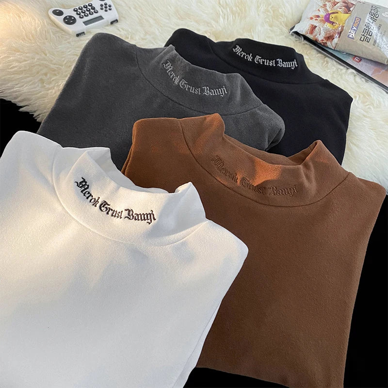 Autumn Winter Warm Classic Long Sleeve Bottoming Shirt Gothic Style Embroidery Half-high Neck Tops Loose T-shirt
