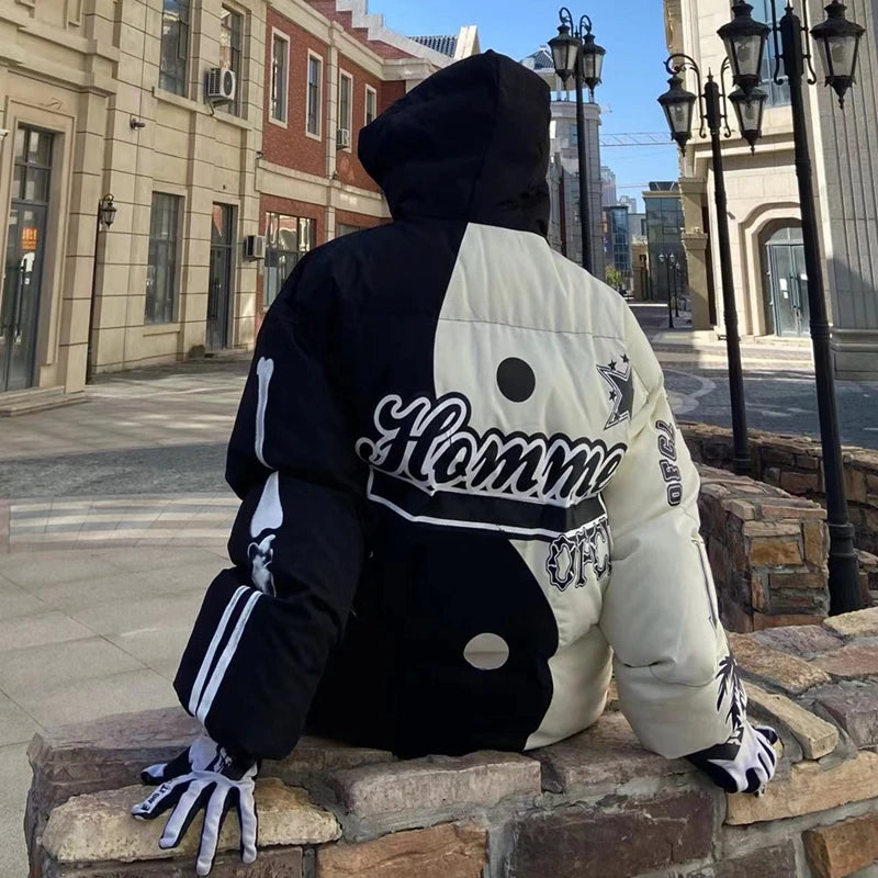 rainbowtouches mens winter parka jacket skeleton print streetwear outwear harajuku padded hooded loose warm coat unisex green - variant style 1e2a17 for streetwear fashion