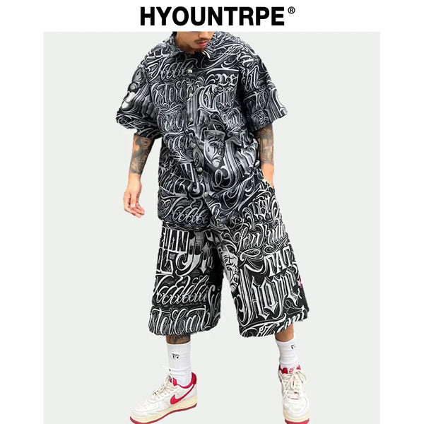 2 pieces sets mens fashion harajuku printed single breasted shirts and drawstring capris short pants joggers new streetwear sets relaxed fit joggers