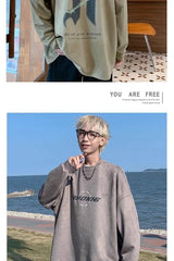 Korean Personalized Street Buckskin Sweatshirt for Men in Autumn and Winter New Trendy Y2K American Retro Student Round Neck Top