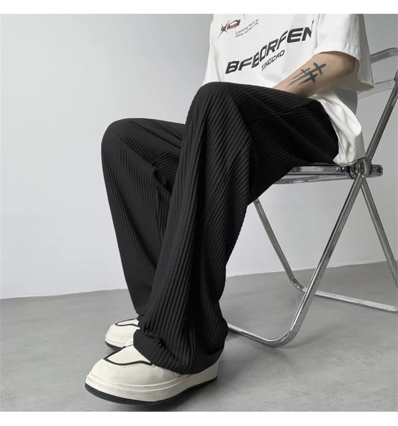 summer texture straight pants for men korean fashion baggy wide leg trousers casual drape pleated striped y2k pantalones hombre unique default style 499