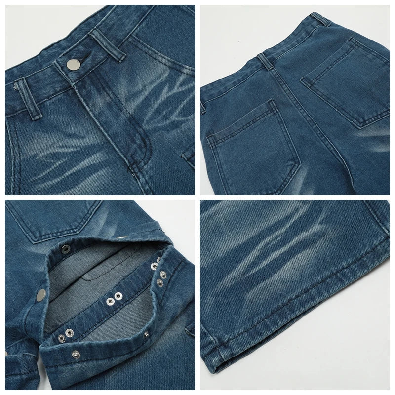 american retro buttons detachable design wide cargo jeans mens womens straight leg pants hip hop washed jeans overall 2023 unique cargo style 903