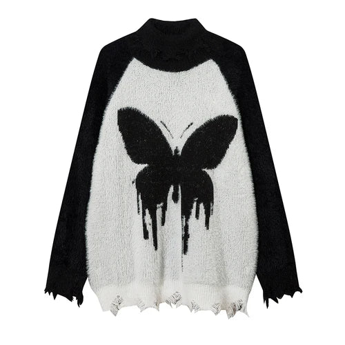 destroy ripped neck knitted sweater unisex butterfly pattern pullover long sleeve autumn winter warm sweaters streetwear jumpers - oversized streetwear hoodie, Y2K grunge street style, anime inspired graphic hoodie
