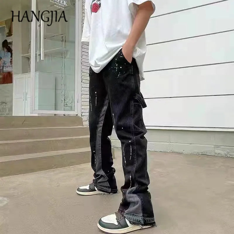 vintage streetwear flared jeans denim hip hop splashing ink wide leg jean overalls for men fashionable retro patchwork jeans y2k unique jeans style 494