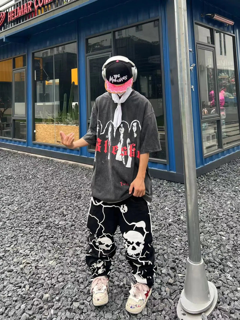 fashion lightning skull printed denim jeans mens unisex casual zipper straight jeans streetwear hip hop y2k jean pants joggers unique joggers style 717