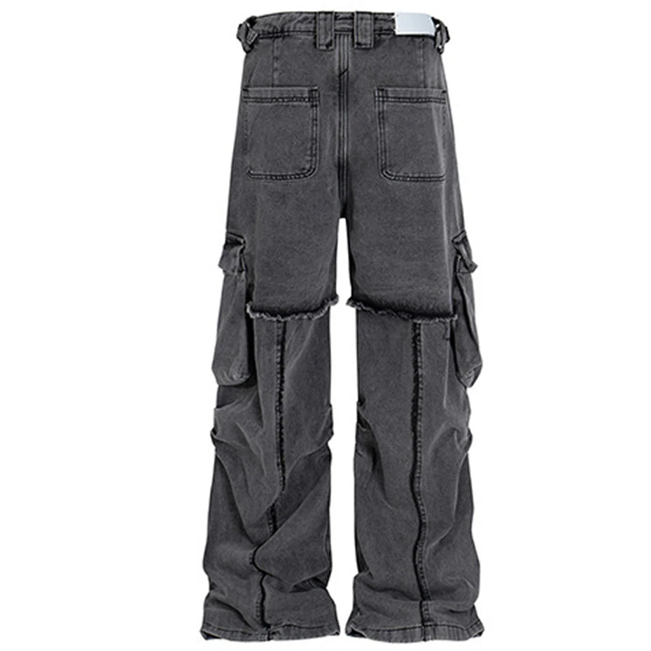 hi street black jeans side pockets patchwork cargo denim pants men streetwear hip hop baggy jeans trousers loose straight jeans baggy cargo bottoms
