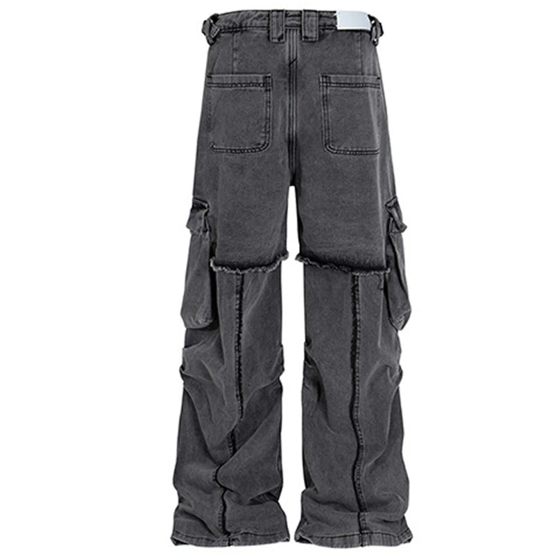 hi street black jeans side pockets patchwork cargo denim pants men streetwear hip hop baggy jeans trousers loose straight jeans baggy cargo bottoms