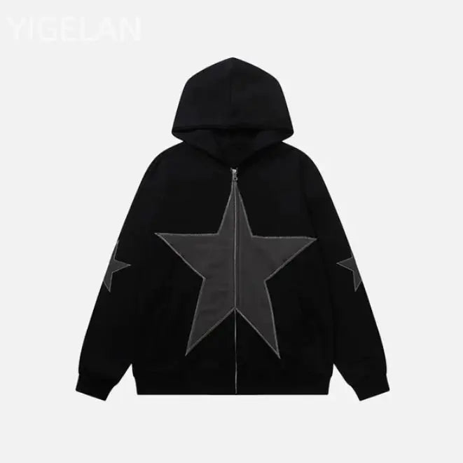 European American Casual Y2K Personalized Five-pointed Star Hoodie Trend Ins Retro Loose Y2k Zipper Sweatshirt for Men and Women