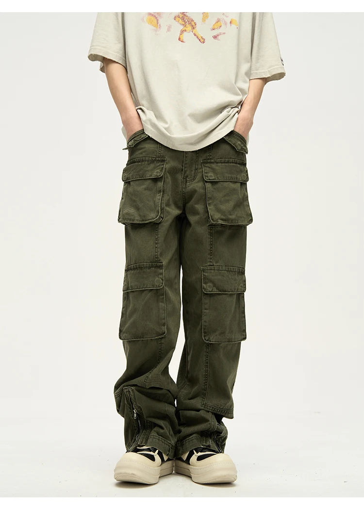 mens loose streetwear cargo straight pants high street casual bottom zipper multi pocket trousers hip hop safari style joggers unique joggers style 3305