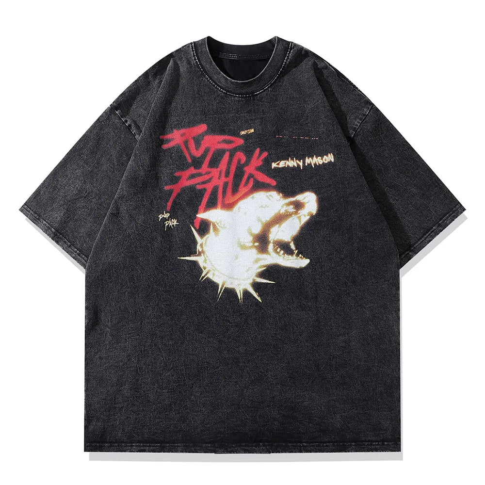Anime Graphic tee – Mens Hip Hop T Shirts Washed Retro Animal Dog Print T Shirt