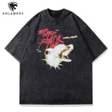 Anime Graphic tee – Mens Hip Hop T Shirts Washed Retro Animal Dog Print T Shirt
