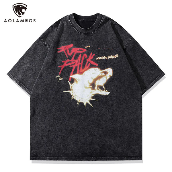 Anime Graphic tee – Mens Hip Hop T Shirts Washed Retro Animal Dog Print T Shirt