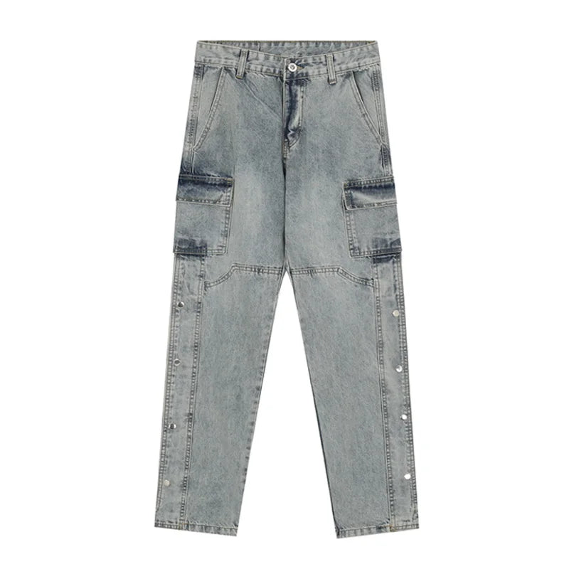 men fashion denim jeans casual bottom button open straight jeans with pockets hip hop streetwear zipper cargo joggers jean pants relaxed fit joggers