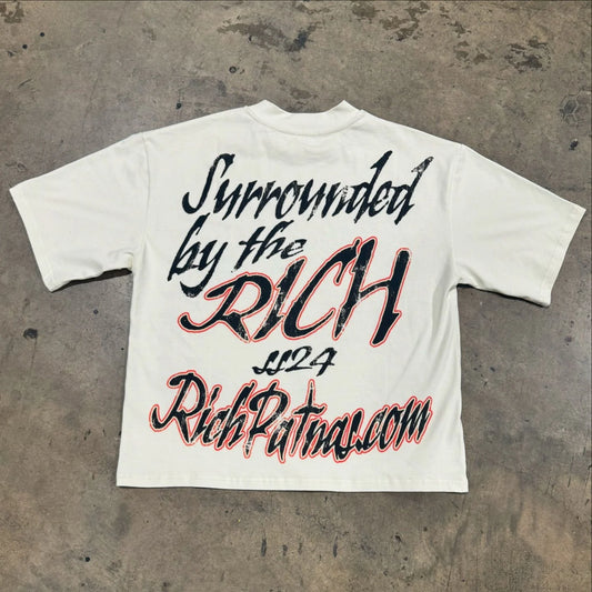 anime techwear shirt with glitch text overlays and pastel swirl
