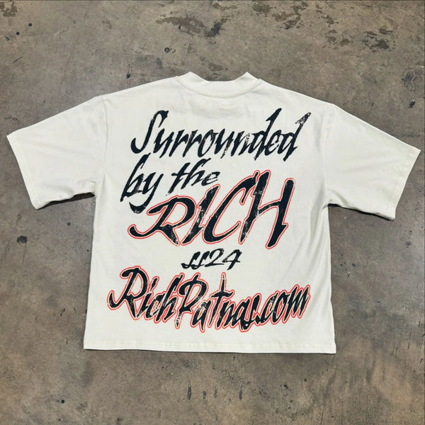 anime techwear shirt with glitch text overlays and pastel swirl