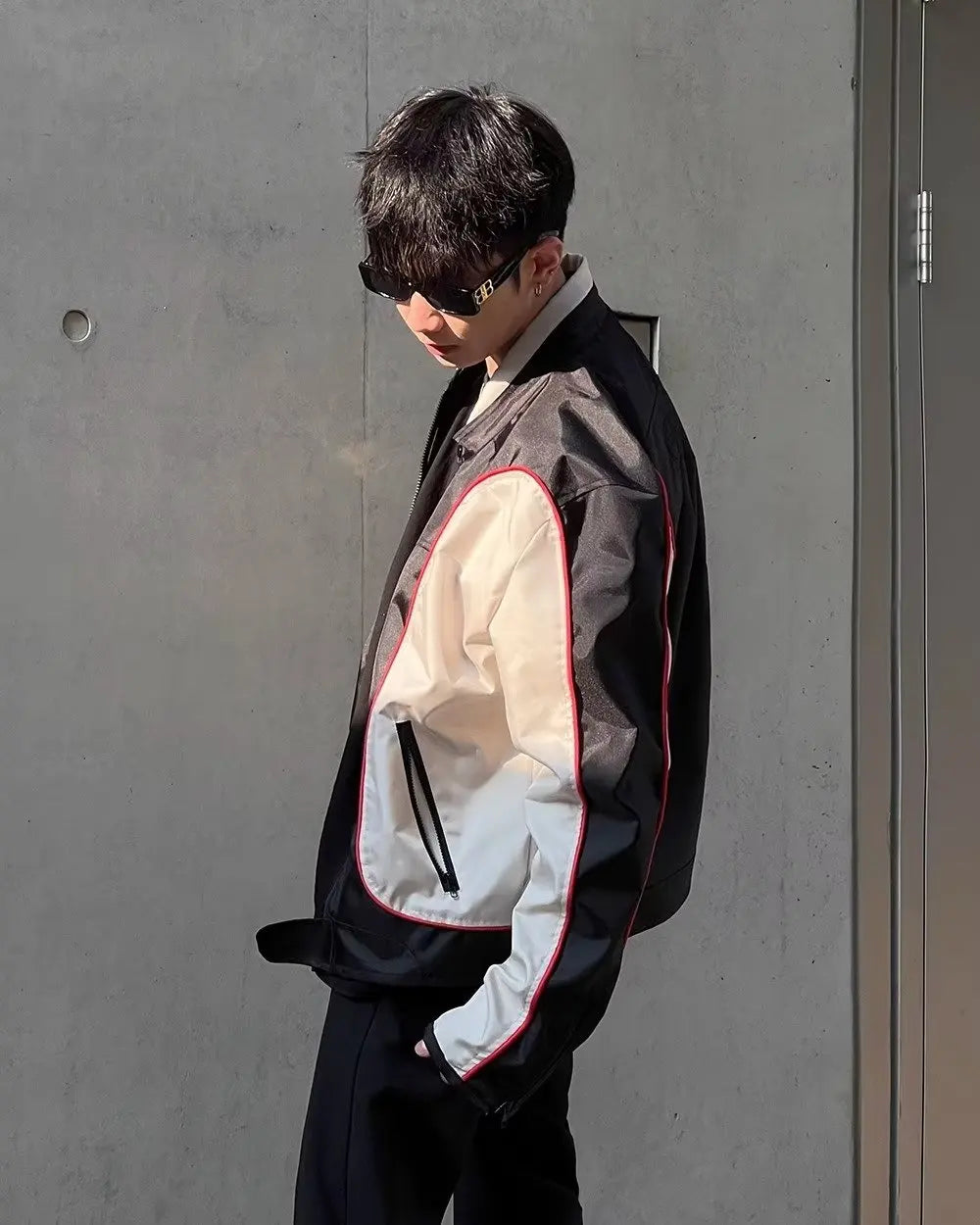 retro baseball bomber, cold season style, for men, fall streetwear outfit, oversized style, layered fashion, modern aesthetic