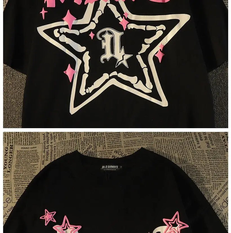 Glitchcore Chrome logo – Pure Cotton American Retro High Street Star Short Sleeved T
