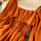 Chic Elegant Square Collar Maxi Dress Women Solid Chiffon Puff Sleeve Dresses 2023 Korean Fashion Vintage Ruffle Vestidos