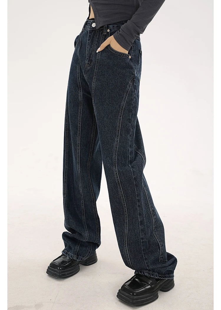 navy blue vintage jeans womans high waist summer wide leg denim trouser baggy streetwear chic design ladies straight jean pants unique jeans style 2878