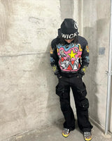 Street Fashion Brand Retro Zipper Hoodie Men Anime Graffiti Print Over