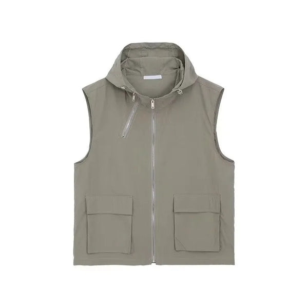 summer casual sleeveless set men hip hop loose hooded vest pockets straight leg cargo pants 2 piece outdoors sports camp suit unique cargo style 4422