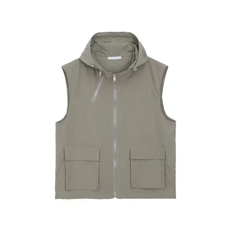 summer casual sleeveless set men hip hop loose hooded vest pockets straight leg cargo pants 2 piece outdoors sports camp suit unique cargo style 4422