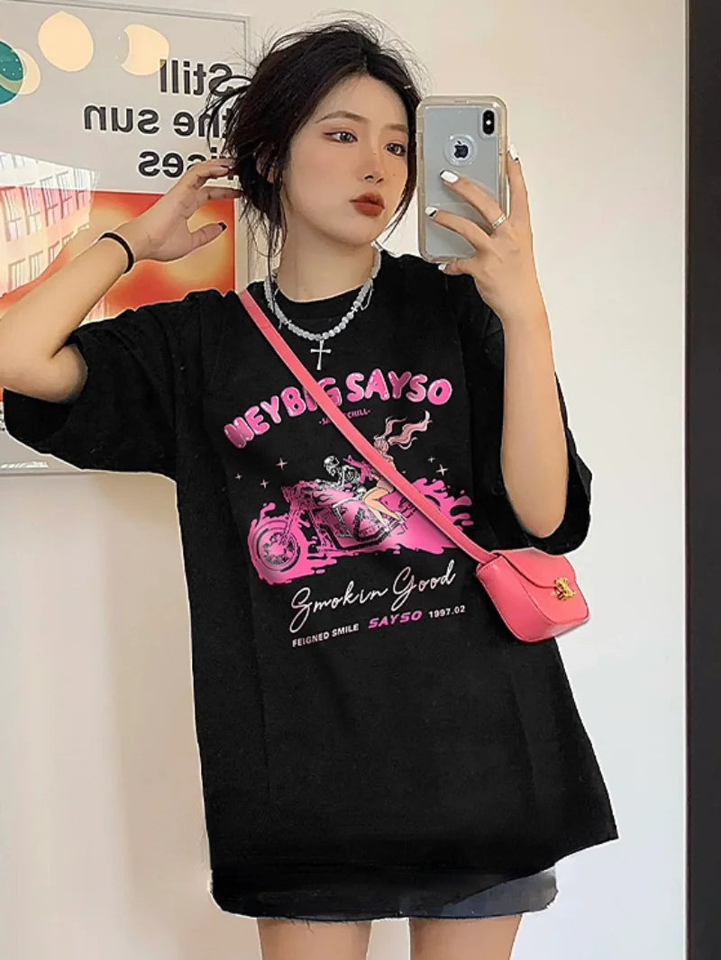 Glitchcore Graphic tee – Pink Anime Skull Printed T Shirt Hip Hop Streetwear Oversize