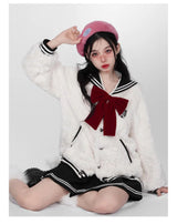 Harajuku Sweet Thicknecked Bow College Coat Woman Zip Up Hoodie Sailor