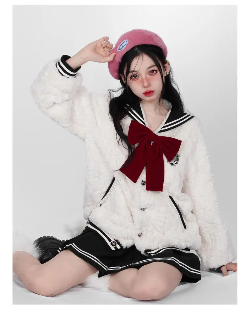 Harajuku Sweet Thicknecked Bow College Coat Woman Zip Up Hoodie Sailor
