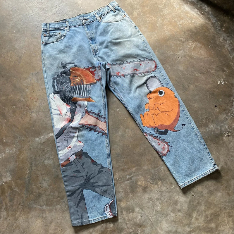 harajuku y2k style blue popular anime graphic wide leg jean fashion streetwear denim mens jeans couples high waist pants unique jeans style 3174