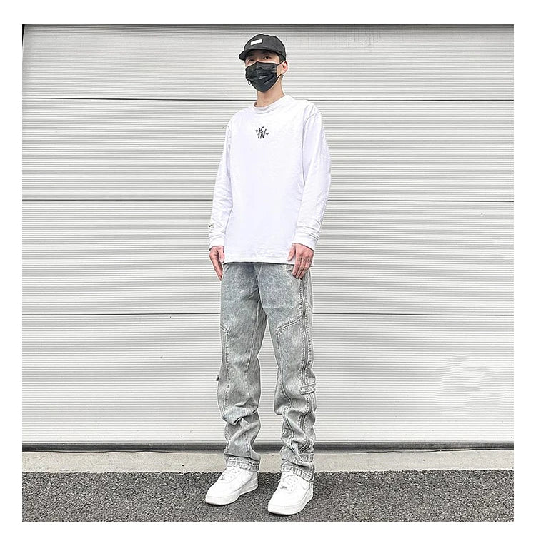 side long zipper open denim jeans mens elastic waist straight biker trousers jeans fashion streetwear hip hop jean pants joggers unique joggers style 2538