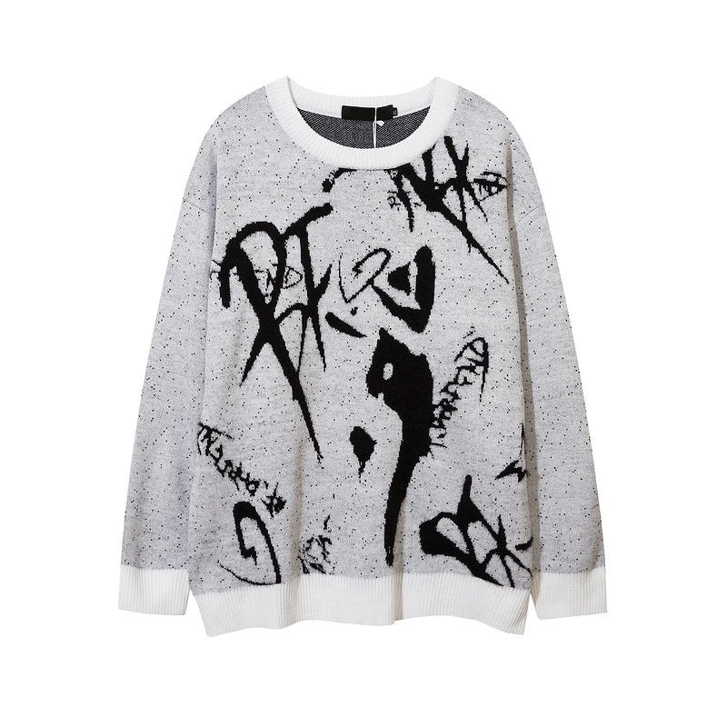 rainbowtouches men sweaters high street crew neck trendy pullover vintage loose knitted sweater spring and autumn mens clothing oversized graphic print design, urban wear with bold artwork, trendy hip hop style outerwear