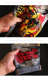 skull graffiti printed ripped denim jeans hip hop distressed biker jeans fashion streetwear slim pants joggers y2k men s jeans unique joggers style 308