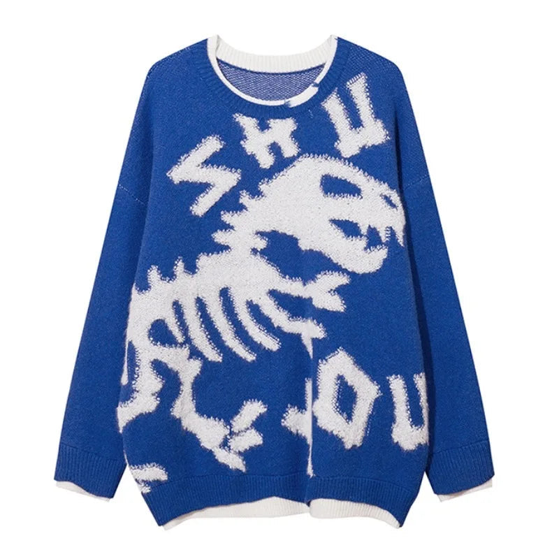 hip hop knitted sweater mens o neck dinosaur pattern fake two pieces pullover streetwear casual loose sweater jumper knitwear - 2025 streetwear drop, trendy hip hop fashion hoodie, Y2K grunge street style