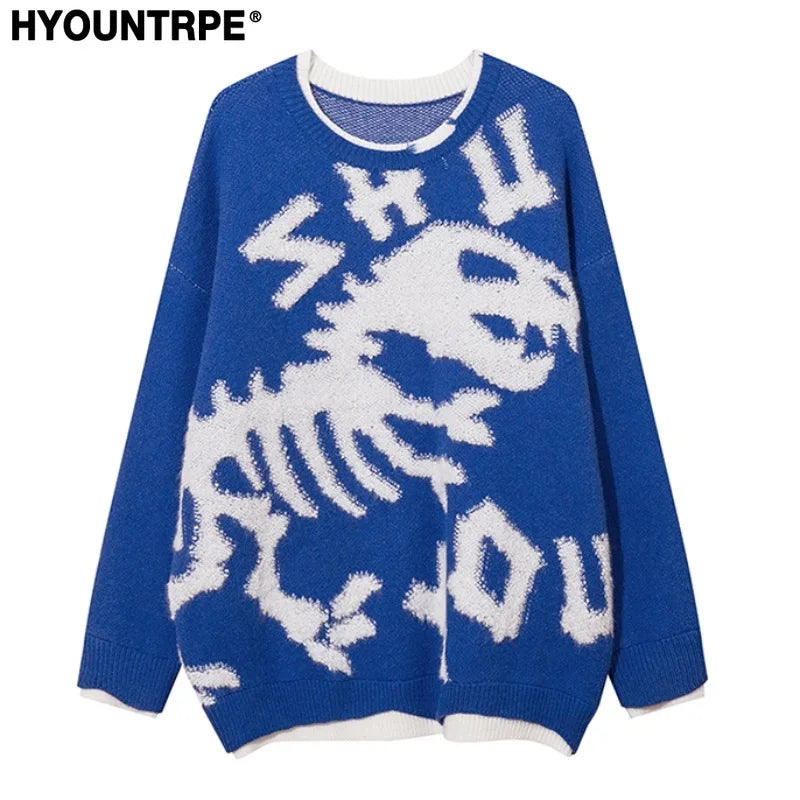 hip hop knitted sweater mens o neck dinosaur pattern fake two pieces pullover streetwear casual loose sweater jumper knitwear - 2025 streetwear drop, trendy hip hop fashion hoodie, Y2K grunge street style