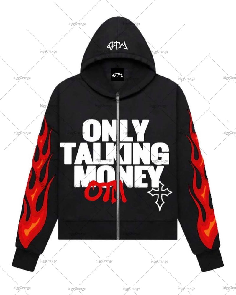 American Fashion Gothic Flame Letter Print Oversized Hoodie Mens Y2K S