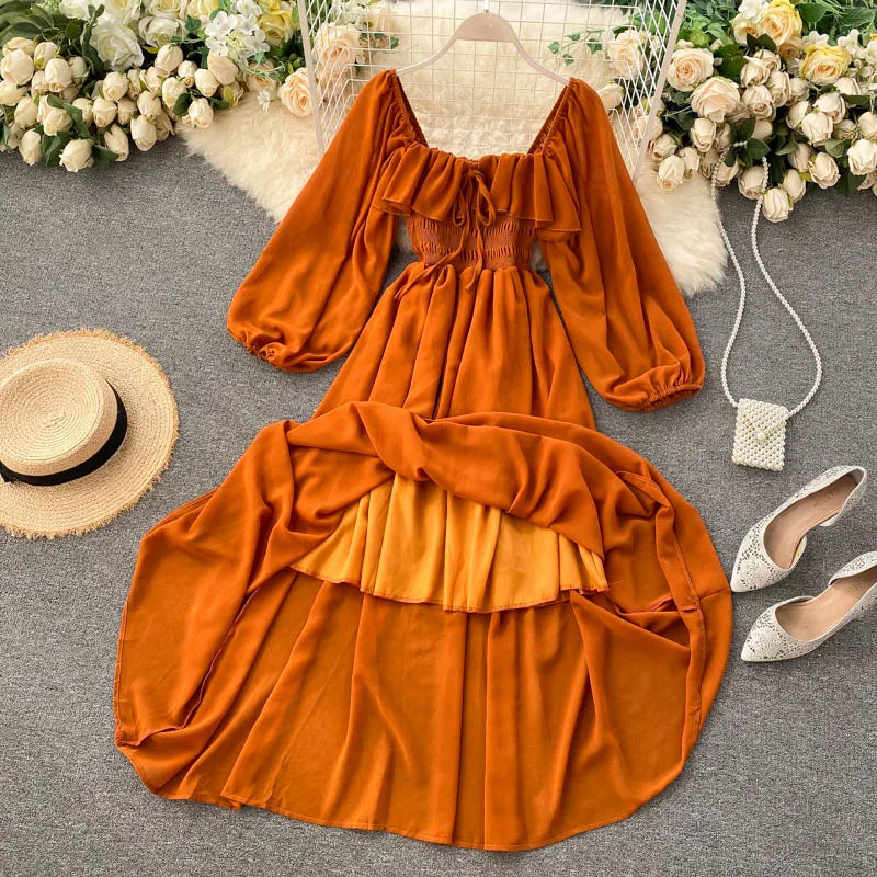 Chic Elegant Square Collar Maxi Dress Women Solid Chiffon Puff Sleeve Dresses 2023 Korean Fashion Vintage Ruffle Vestidos