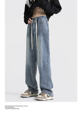 fashion loose streetwear denim pants unisex casual drewstring elastic waist jean pants hip hop trousers joggers mens baggy jeans unique joggers style 3258