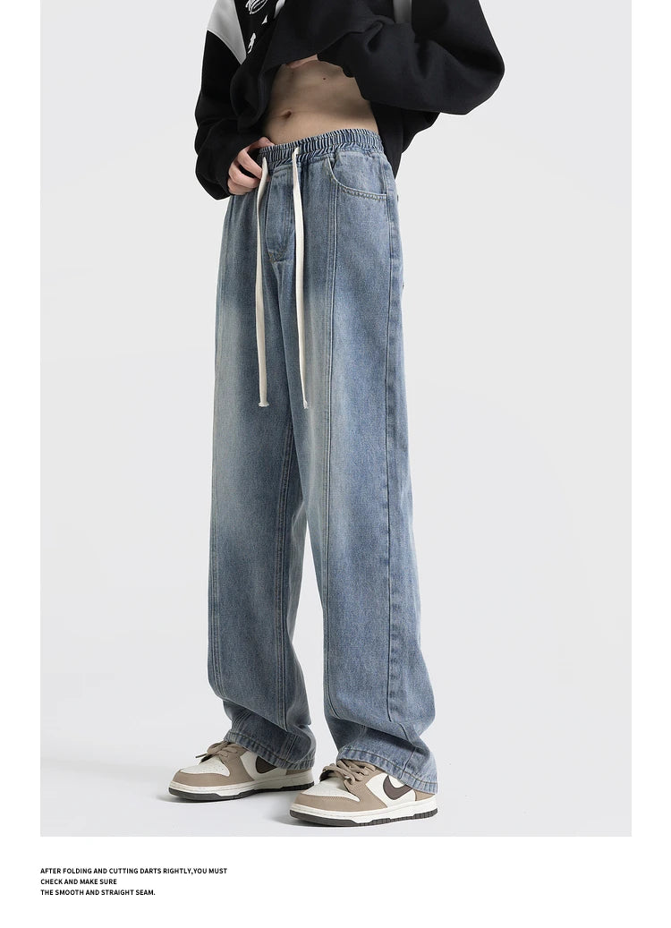 fashion loose streetwear denim pants unisex casual drewstring elastic waist jean pants hip hop trousers joggers mens baggy jeans unique joggers style 3258