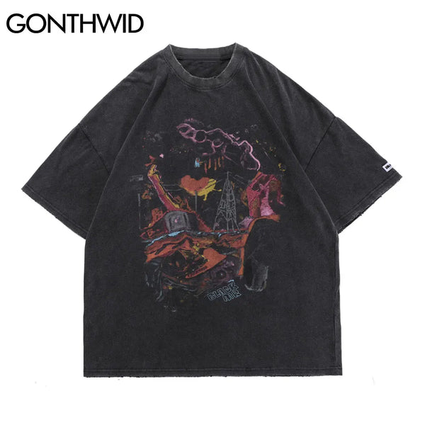 Trapwear Shirt – Gonthwid Oversized T Shirts Hip Hop Distressed Graffiti Punk – Modern Streetwear for Everyone