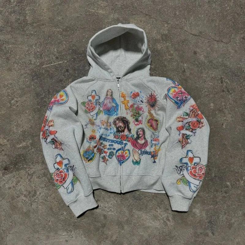 American Street Goth Harajuku Cartoon Print Oversized Sweatshirt Men Y