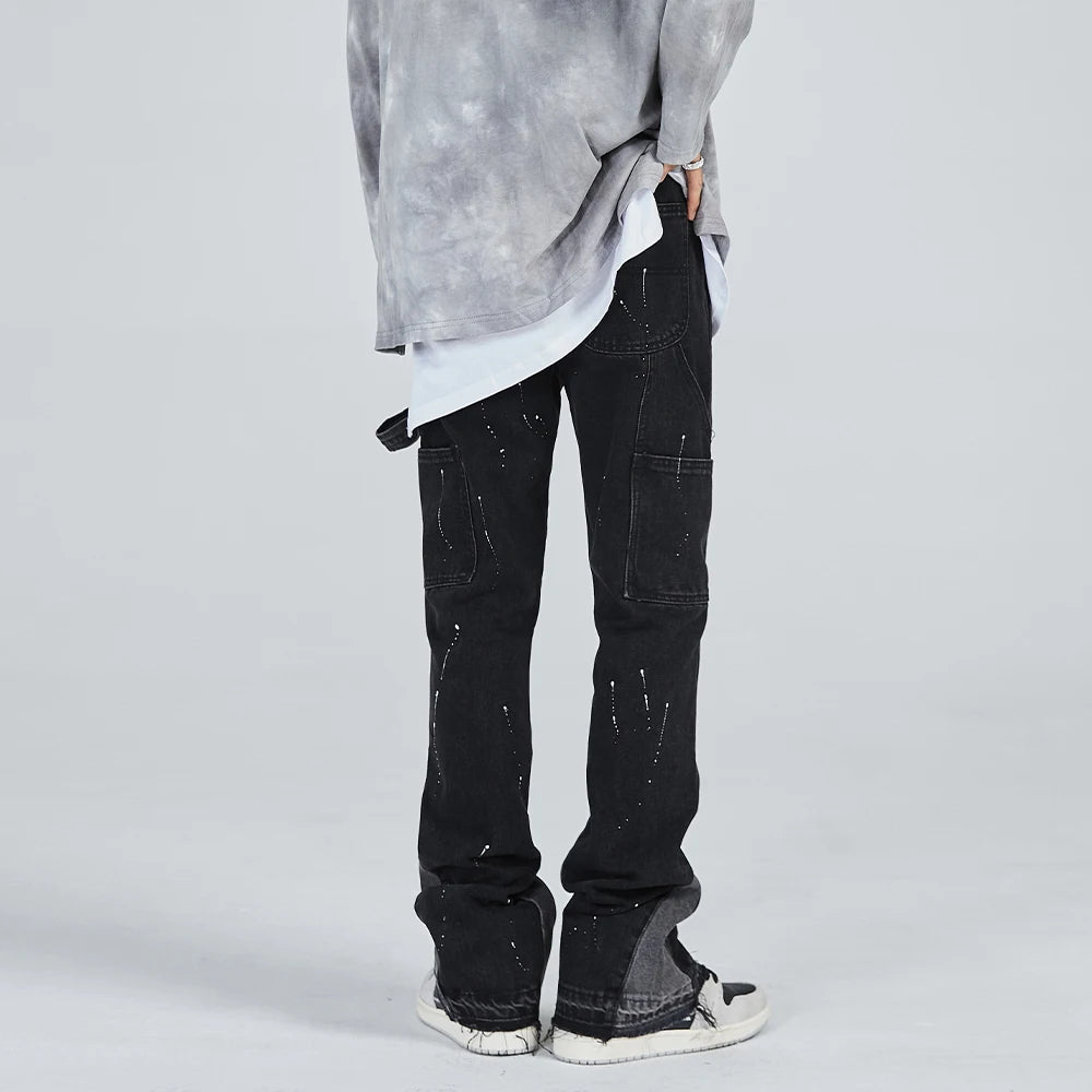 vintage streetwear flared jeans denim hip hop splashing ink wide leg jean overalls for men fashionable retro patchwork jeans y2k stacked flare jeans