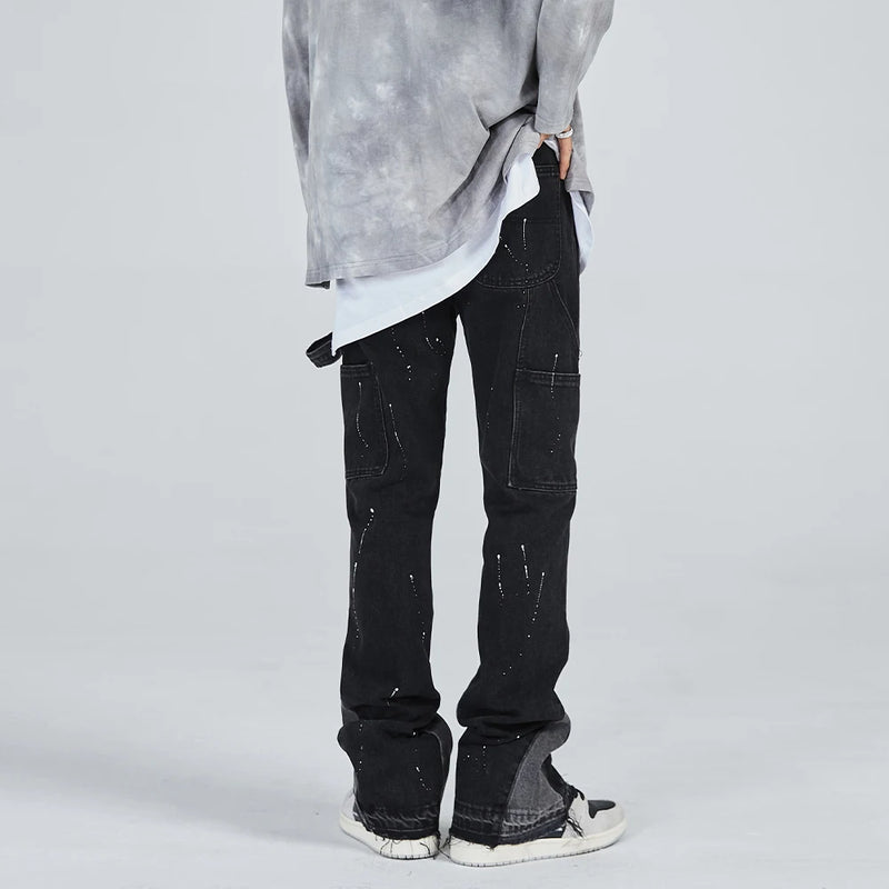 vintage streetwear flared jeans denim hip hop splashing ink wide leg jean overalls for men fashionable retro patchwork jeans y2k stacked flare jeans