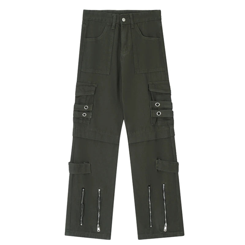 hip hip pants men bottom zipper cargo pants streetwear side pockets harajuku joggers unisex baggy loose straight cotton trousers unique joggers style 3221