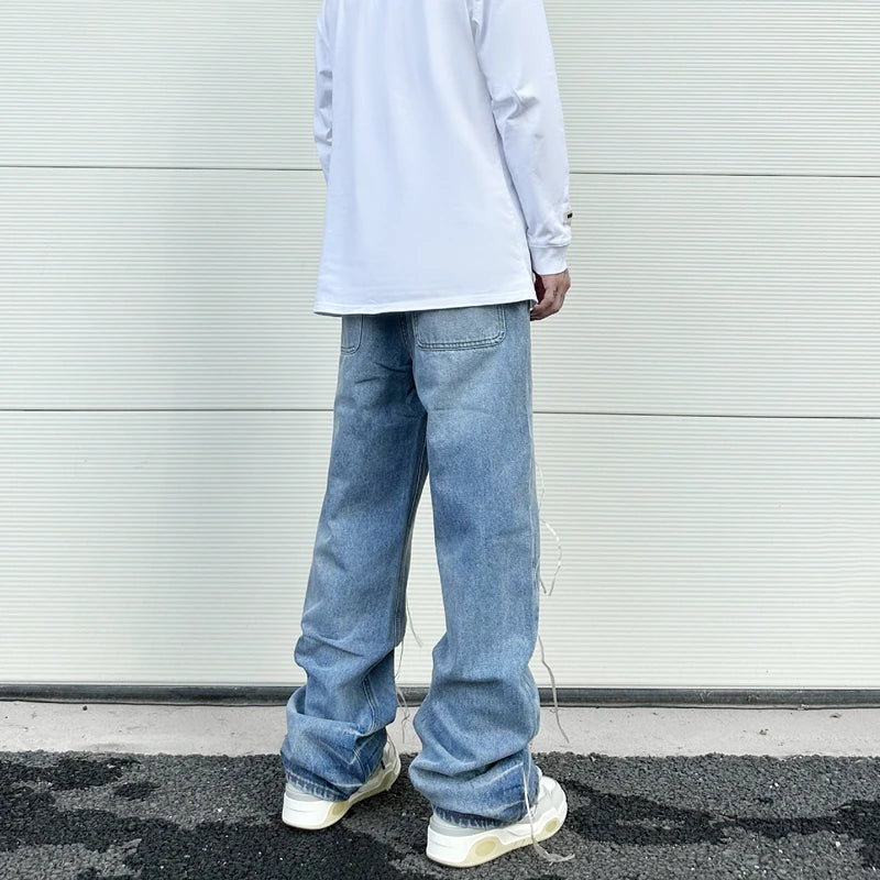 fashion loose streetwear denim jeans new casual wide legs straight jean pants hip hop tassel joggers baggy jeans men clothing unique joggers style 422