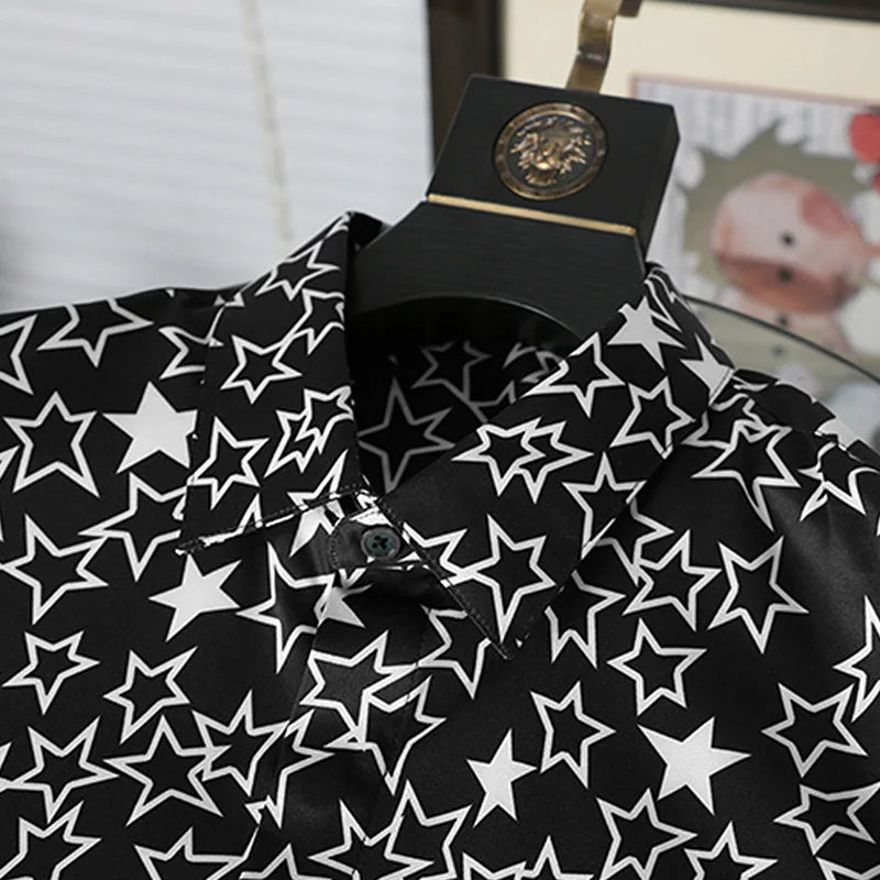 New 2022 Men 3D luxurious Classic Black White Star Print Fashion Silk Casual Shirts Shirt high Pocket Long-sleeves S 2XL #D276