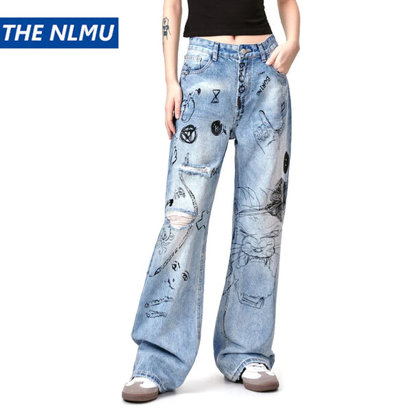 men baggy ripped jeans graffiti printed straight denim pants distressed jeans male streetwear hip hop jeans trousers y2k urban skinny jeans