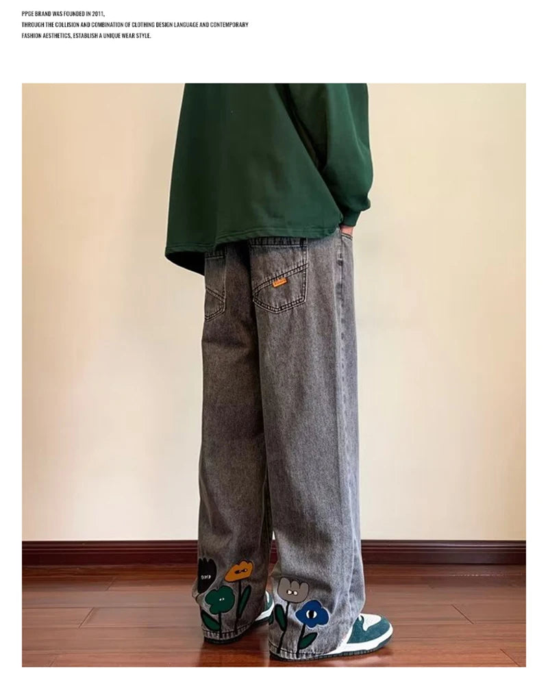 new mens y2k flower printed baggy jeans 2025 streetwear american casual denim wide leg pants hombre vintage straight trousers unique jeans style 693